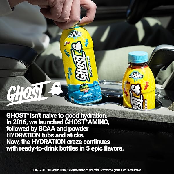 GHOST HYDRATION DRINK, SOUR PATCH KIDS BLUE RASPBERRY – RTD SPORTS DRINKS WITH ELECTROLYTES FOR HYDRATION – BEVERAGE FOR ATHLETES – ZERO CAFFEINE & ZERO SUGARS – 16.9 FL OZ, 12 PACK