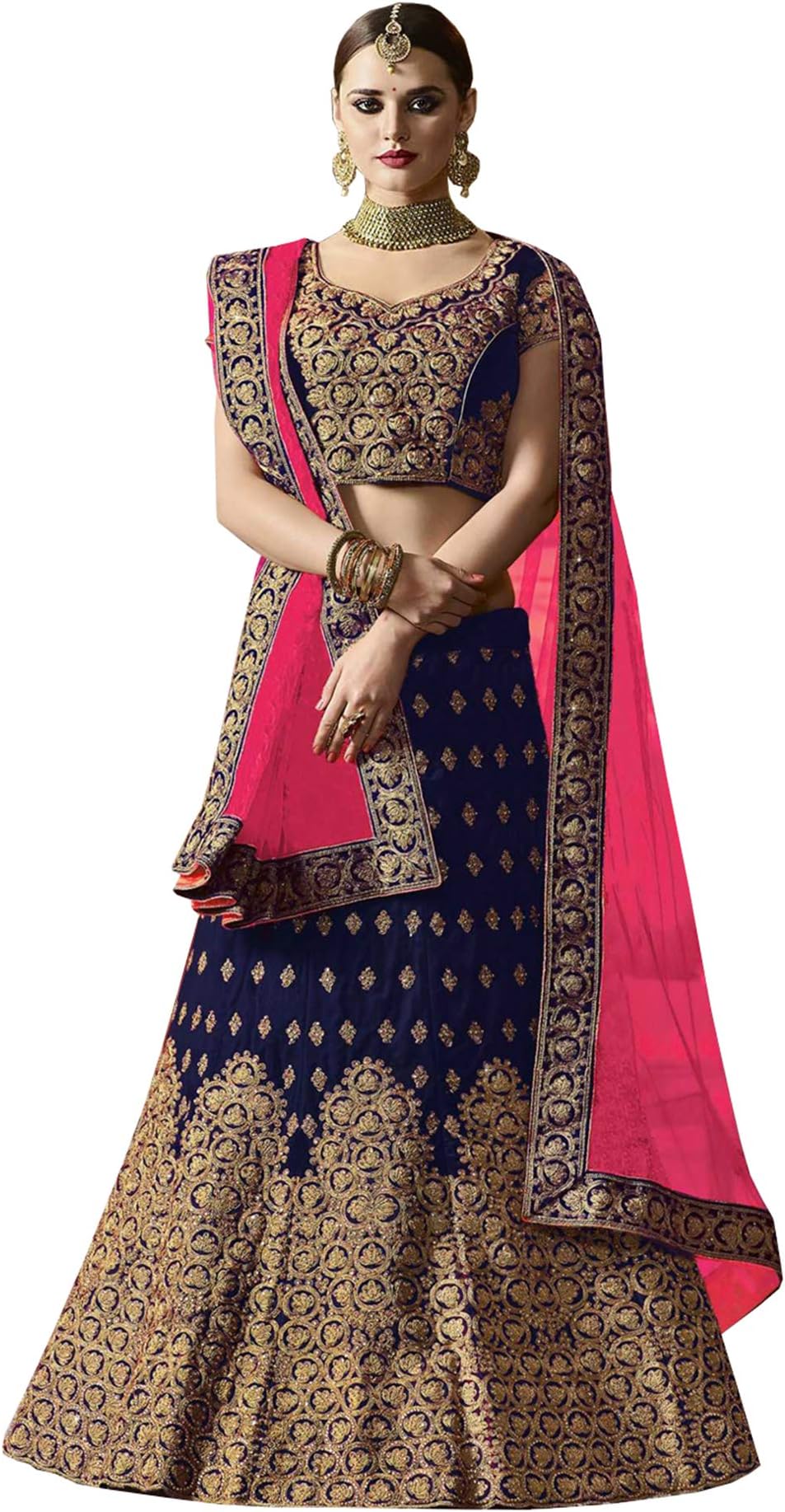 Women's Pure Silk Semi-stitched Lehenga Choli (Divastri-Navy-AROHI2019_Navy Blue_Free Size)
