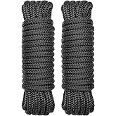 PACTHSD 2 Pack 1/2" x 25' Boat Dock Lines - Marine Grade Nylon Boat Rope with 12" Loop for Docking and Mooring - Double Braided Boat Lines, High Strength, Easy Handling, Fray Resistant - Black