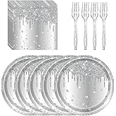 LYFREE 72 Pcs Silver Glitter Paper Plates 7in Disposable Paper Dessert Plates Napkins and Forks Party Tableware Set Happy Birthday Table Decorations for 24 Guests Silver Birthday Wedding Theme Party