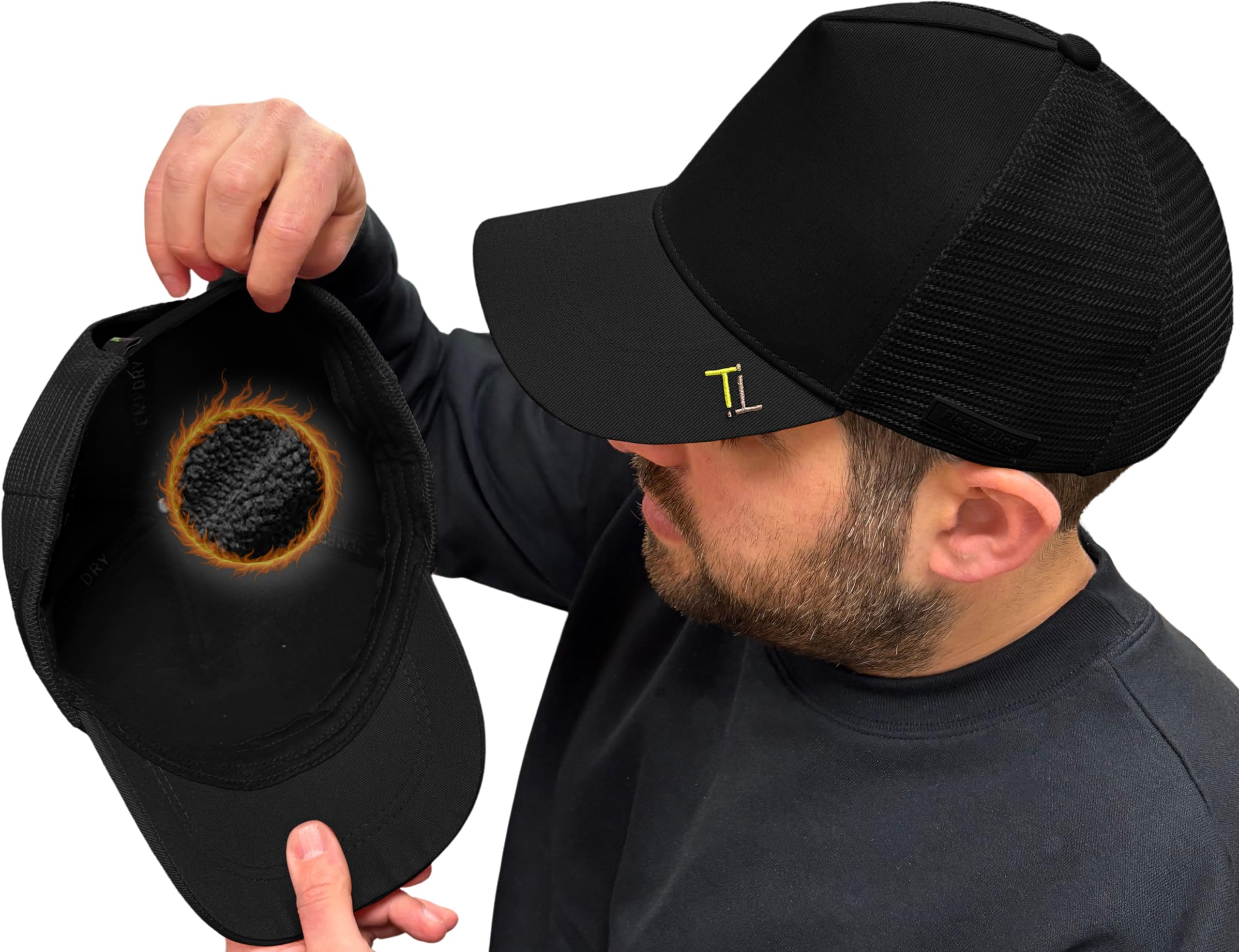 Photo 1 of Temple Tape Iconic Fleece Lined Trucker Hats – Winter Hat - Designed for Men & Women – Mesh Back - Adjustable Snapback Closure - Black