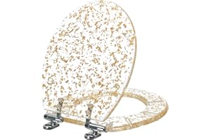 ANGOL SHIOLD Resin Toilet Seat Round Soft Close Quick Release Heavy Duty Toilet Seats with Glitter Cover Acrylic Seats Gold Foil 17 Inch