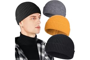 3 Pack Wool Fisherman Beanies for Men, Short Knit Watch Cap Cuffed Trawler Hats