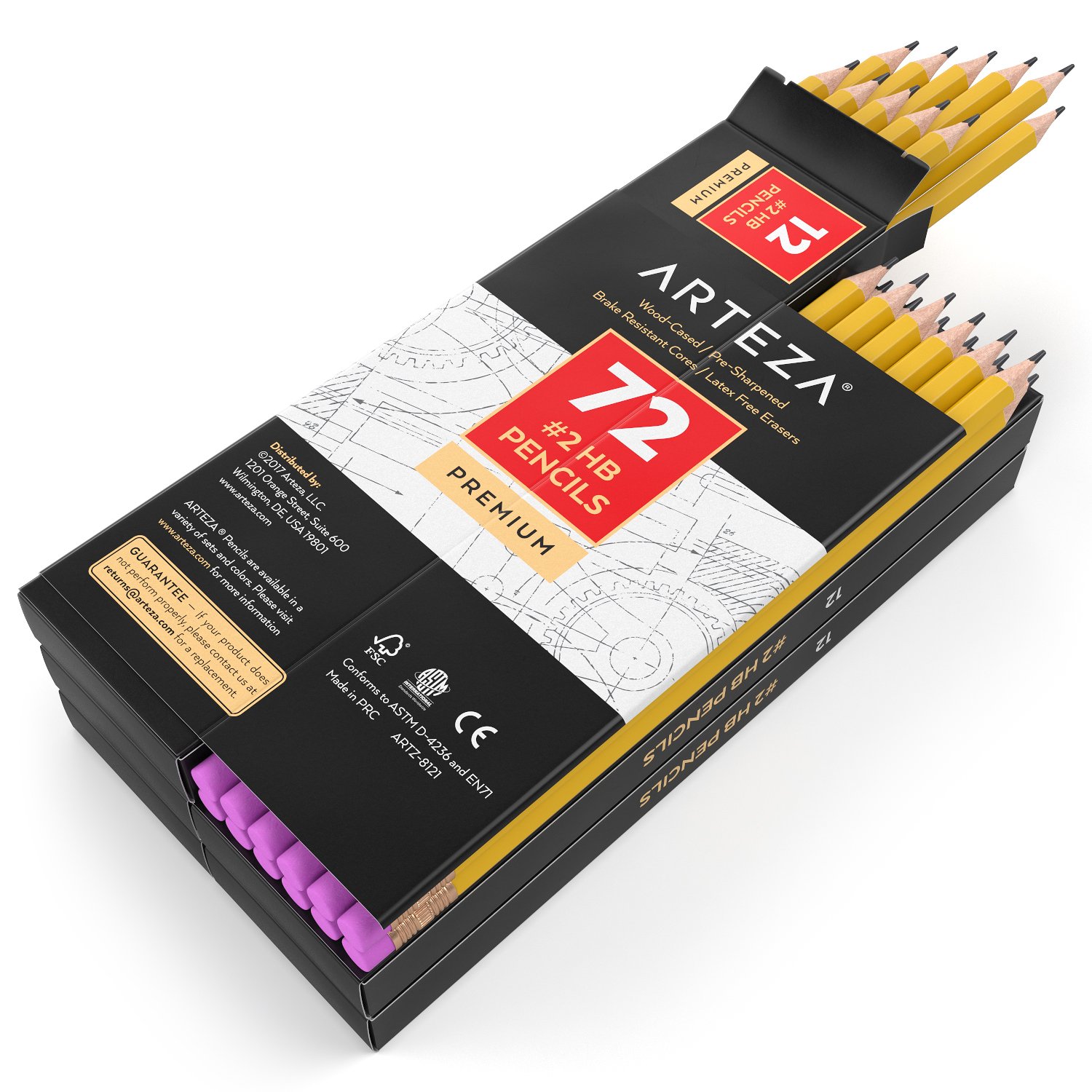 ARTEZA 2 HB Wood Cased Graphite Pencils with Rubbers, Bulk Pack of 72, Pre-Sharpened with Latex Free Rubbers, for School, Office, Writing, Drawing and Sketching