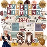 Guiruiy 21PCS 80th Birthday Decorations Kit for Men Women, Newspaper Vintage 1946 80th Bday Banner Balloon Honeycomb Centerpieces Swirls Party Supplies, Retro Eighty Years Old Bday Paper Fan Sash Set