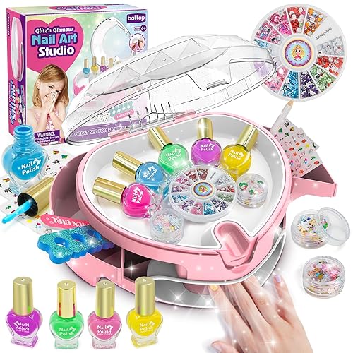 BATTOP Kids Nail Polish Set for Girls, Kids Nail Kit with Organizer Nail Dryer、Polish 、Stickers、Gems and Filer - Ideas Gift for Girls 6 7 8 9 10 11 12 - Dress-Up Toy - Pink