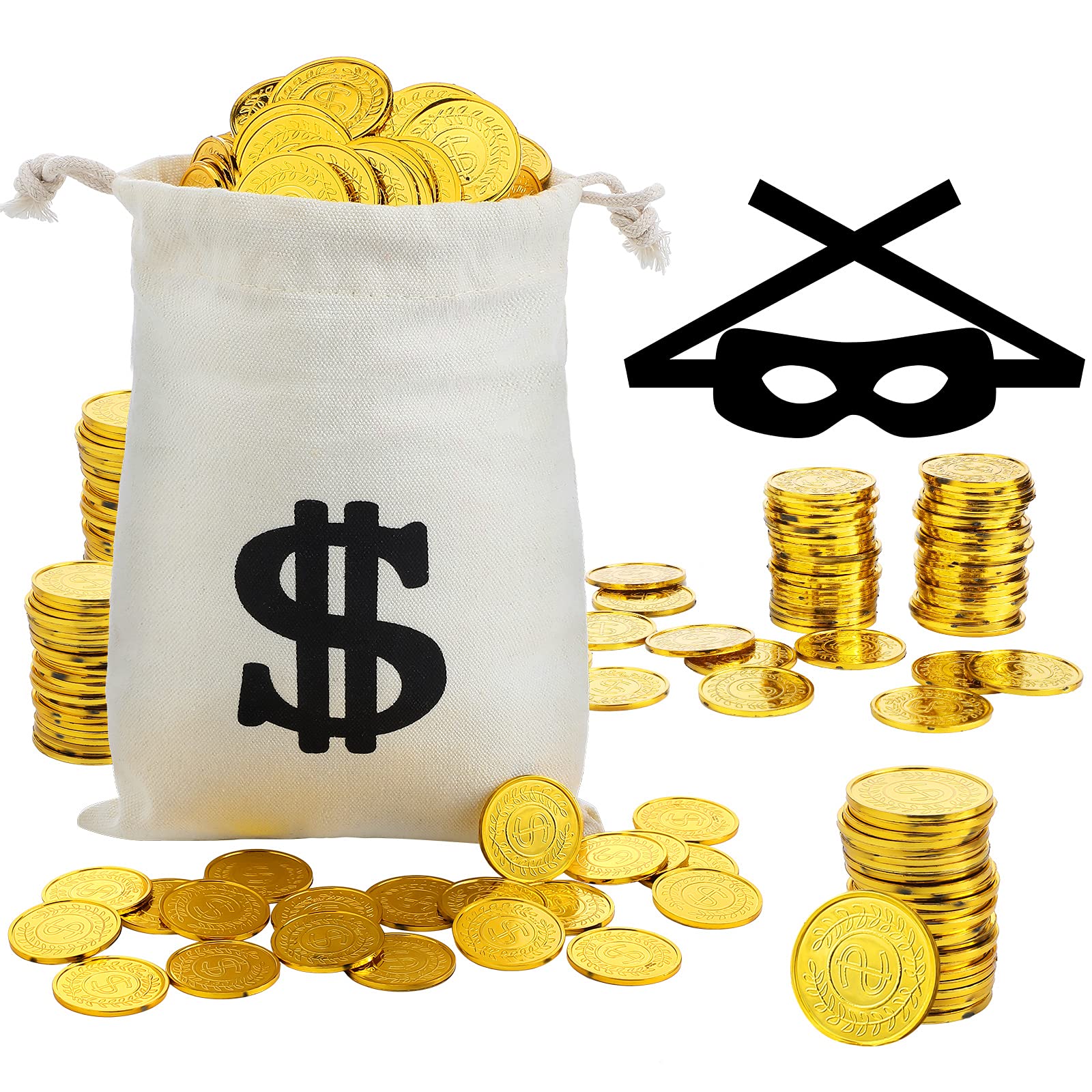 Photo 1 of 100 Gold Coins 1 Dollar Sign Money Bag Eye Mask, Pirate Gold Coins Money Bag Pouch with Drawstring Closure Black Robber Thief Costume Mask Set for Halloween Cosplay Burglar Theme Party