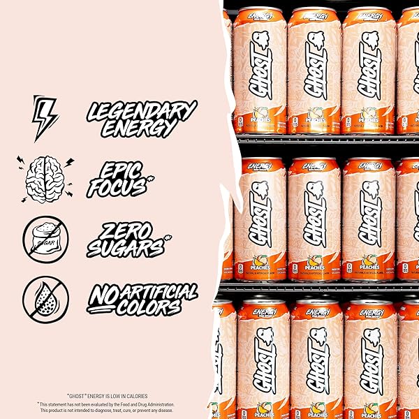 GHOST ENERGY DRINK – 12-PACK, PEACHES, 16OZ – ENERGY & FOCUS & NO ARTIFICIAL COLORS – 200MG OF NATURAL CAFFEINE, L-CARNITINE & TAURINE – GLUTEN-FREE & VEGAN