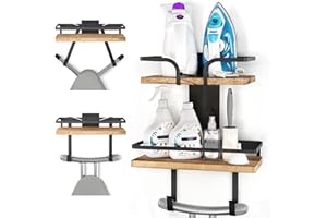 Ironing Board Hanger Wall Mount, 2-Layer Iron and Ironing Board Holder, Laundry Room Shelves Solid Wood with Removable Hooks 