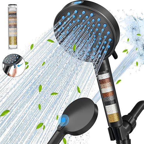 Heemli Filtered Shower Head with Handheld, Water Softener Filters for Hard Water - Remove Chlorine - Reduces Dry Itchy Skin High Pressure 7 Spray Mode Showerhead with Filters, Matte Black