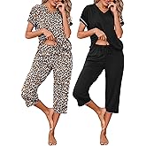 Marvmys Womens 2 Pack Pajama Sets Short Sleeve Pajamas Tops and Capri Pants Pjs Print Lounge Sets with Pockets S-3XL