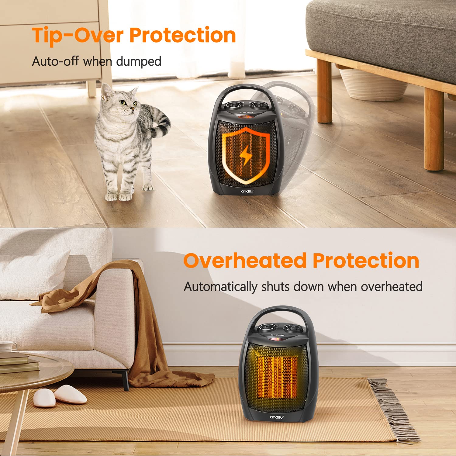 andily Compact Portable Ceramic Space Heater with Adjustable Comfort control Thermostat, 3 settings, Easy handle, Great for use in Home, Dorm, Office Desktop, and Kitchen, ETL for Safe (Black)