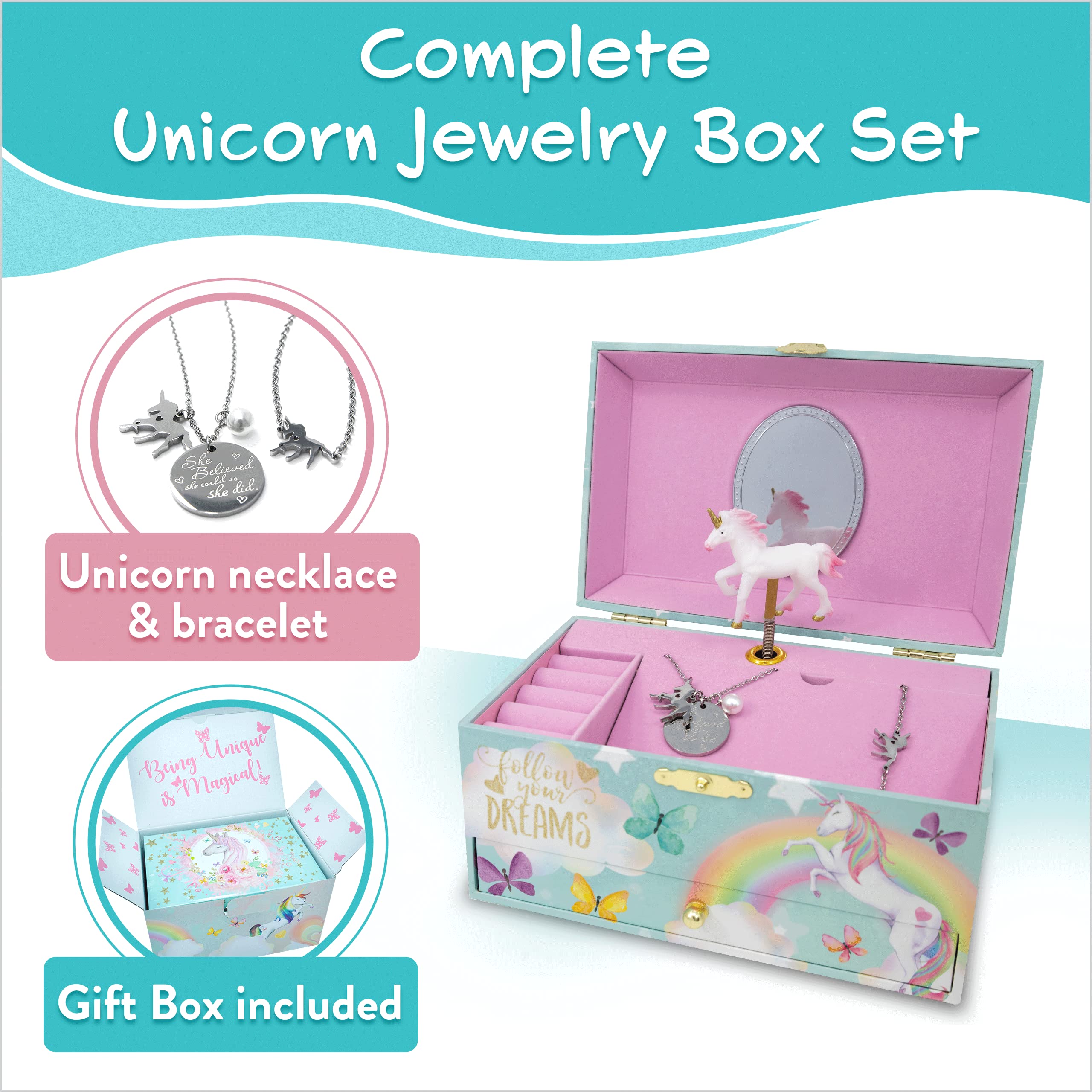 The Memory Building Company Unicorn Musical Jewelry Box, Classic Melody Storage Organizer Kids Ages 6-12, Wood Construction w/ 2 Compartments