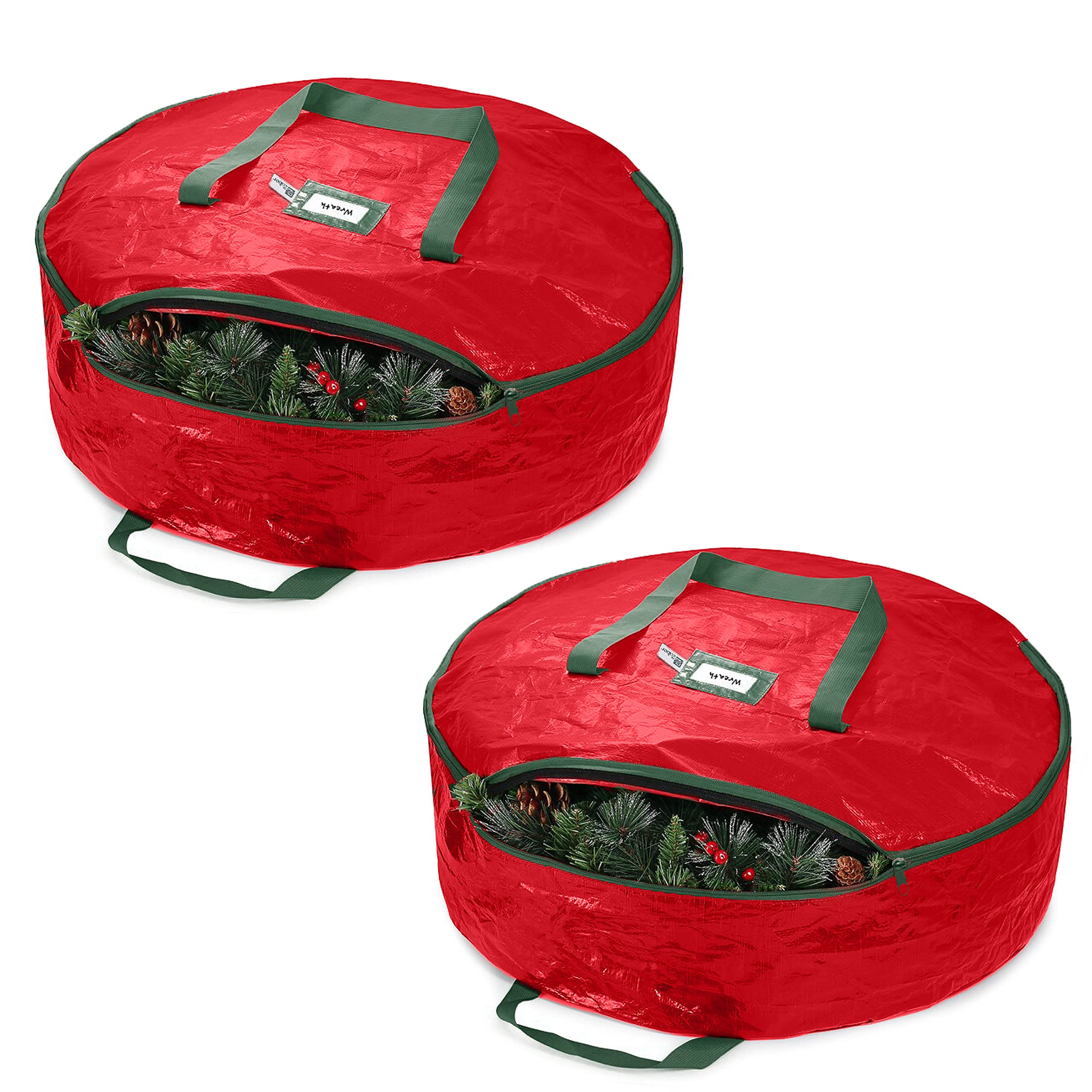 ZOBER Christmas Wreath Storage Container - 24 Inch, Waterproof Plastic Storage Bag - Dual Zippered Bag - Durable Stitch Reinforced Handles - 2 Pack