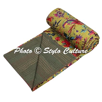 Indian Kantha Bedspread Single Quilted Olive Green Cotton Bird Hand Stitched Blanket Bedding Bed Cover by Stylo Culture