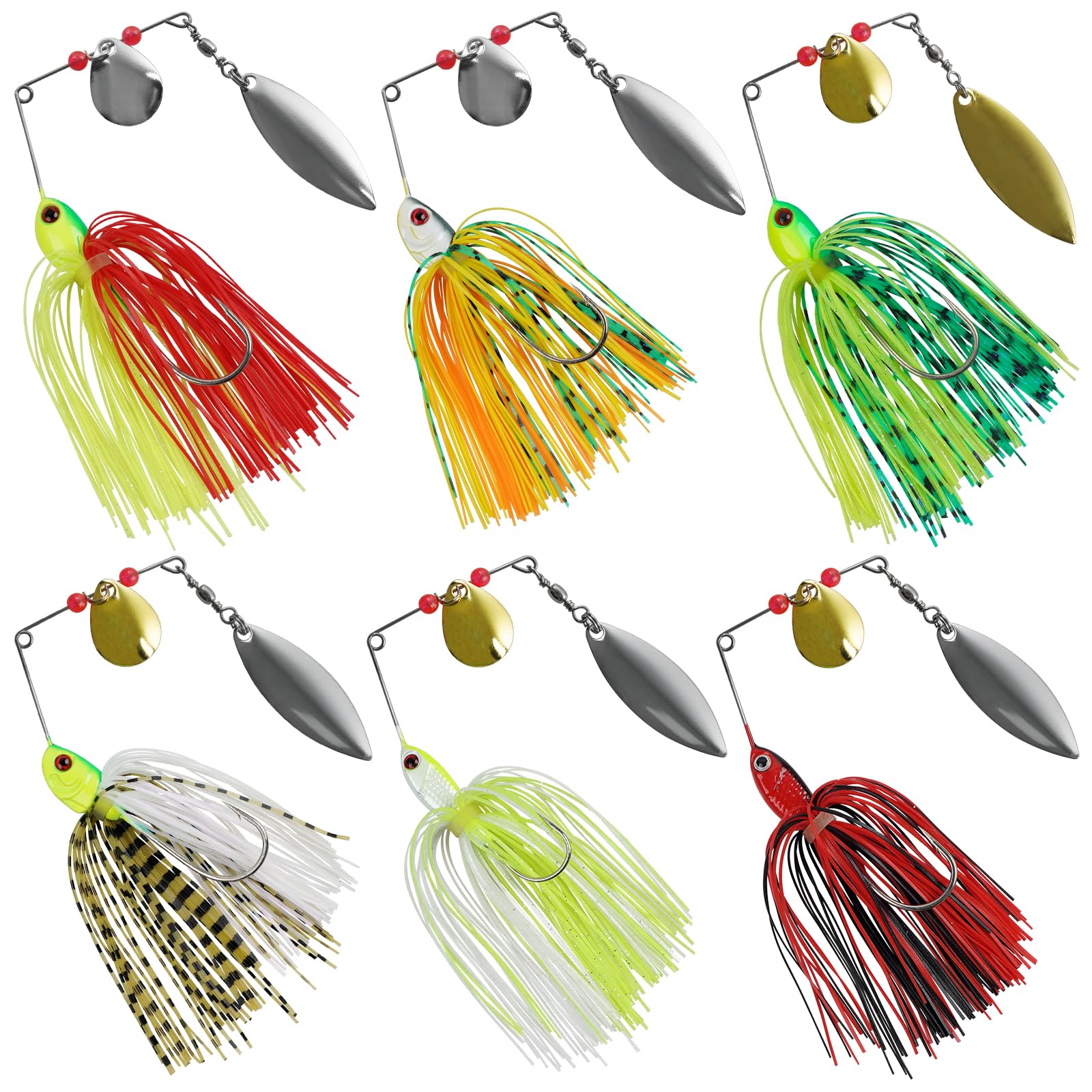Bass Spinnerbait Fishing Lures Buzzbait Spinners Baits Kit Hard Metal Multicolor Topwater Swimbait Spinnerbait Jigs for Bass Pike Trout Salmon Freshwater Saltwater Fishing(A-6PCS)