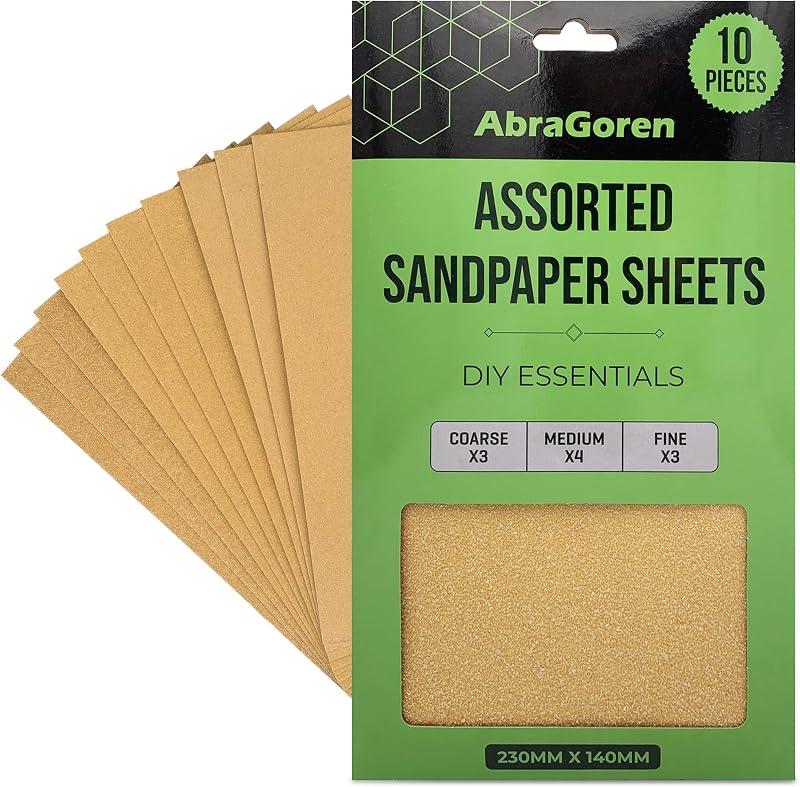 AbraGoren Sandpaper Sheets 10pk Mixed Grit Wood Walls Fine Medium Coarse