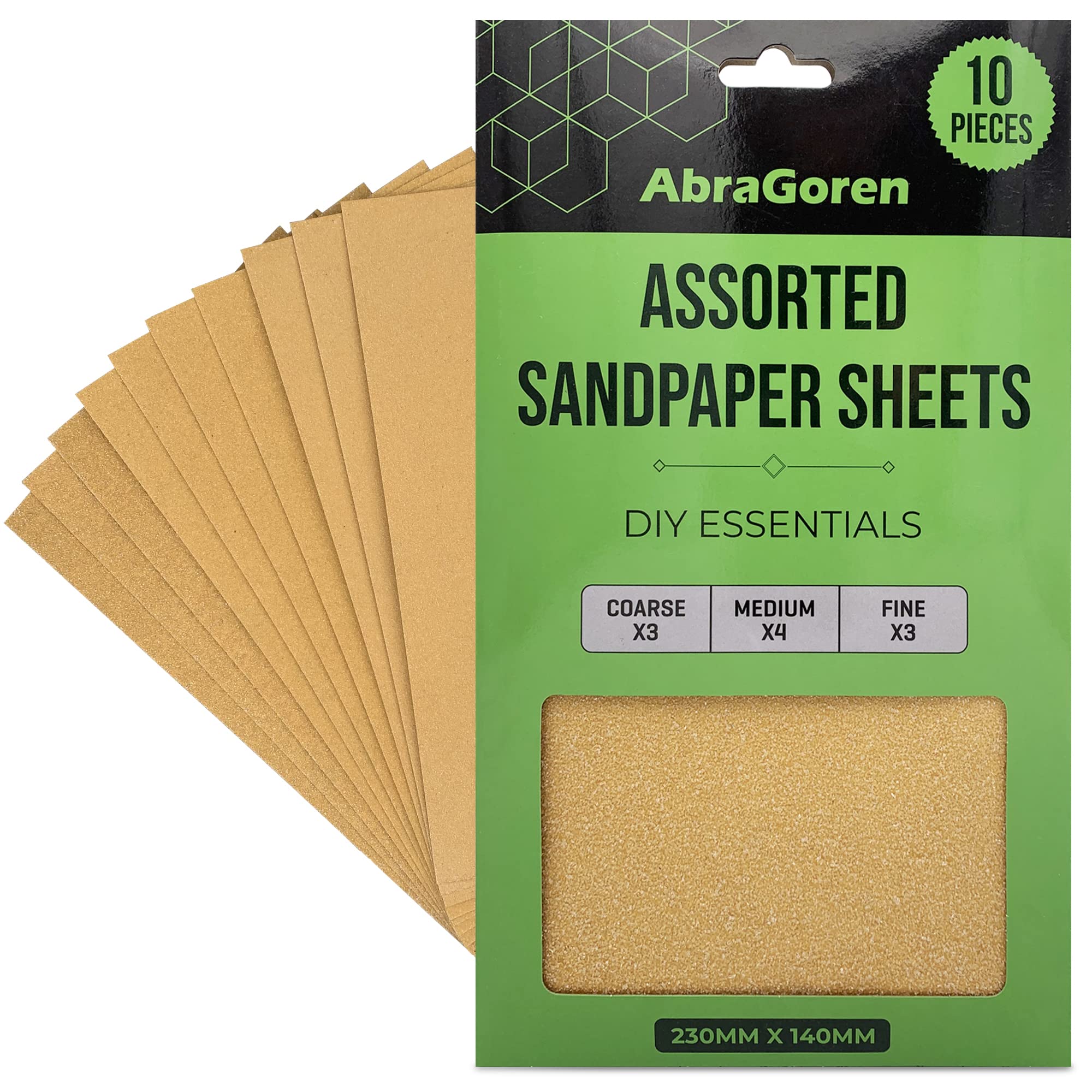 Pack of 10 Sand Paper Sheets - Mixed Grits, 3x Fine, 4x Medium, 3x Coarse - Assorted Sandpaper for Wood and Walls (Premium)