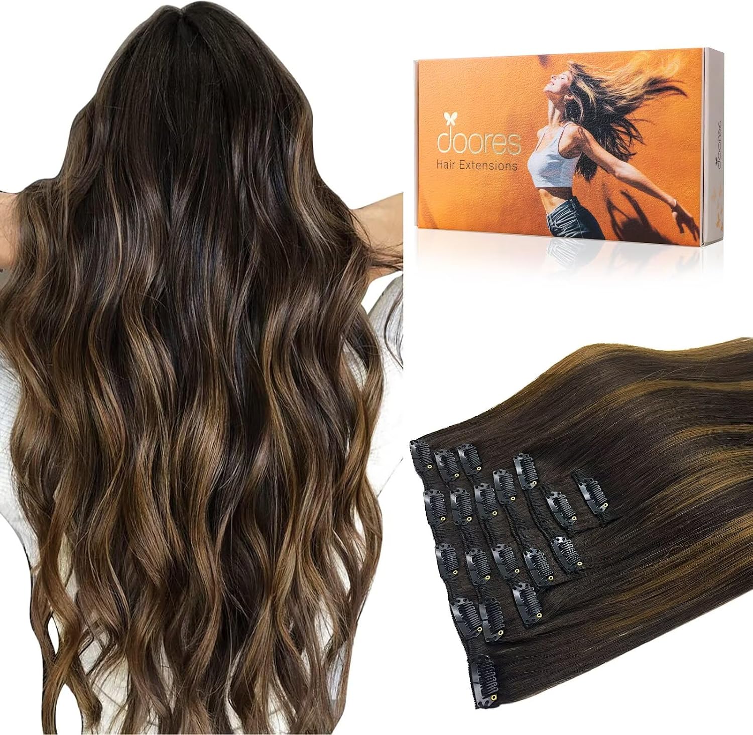 DOORES Clip in Hair Extensions Human Hair Extensions, Balayage Dark Brown to Chestnut Brown 120g 7pcs 18 Inch Real Human Hair Extensions Clip in Straight Remy Silky Weft