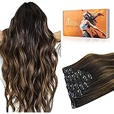 DOORES Clip in Hair Extensions Human Hair Extensions, Balayage Dark Brown to Chestnut Brown 120g 7pcs 18 Inch Real Human Hair Extensions Clip in Straight Remy Silky Weft