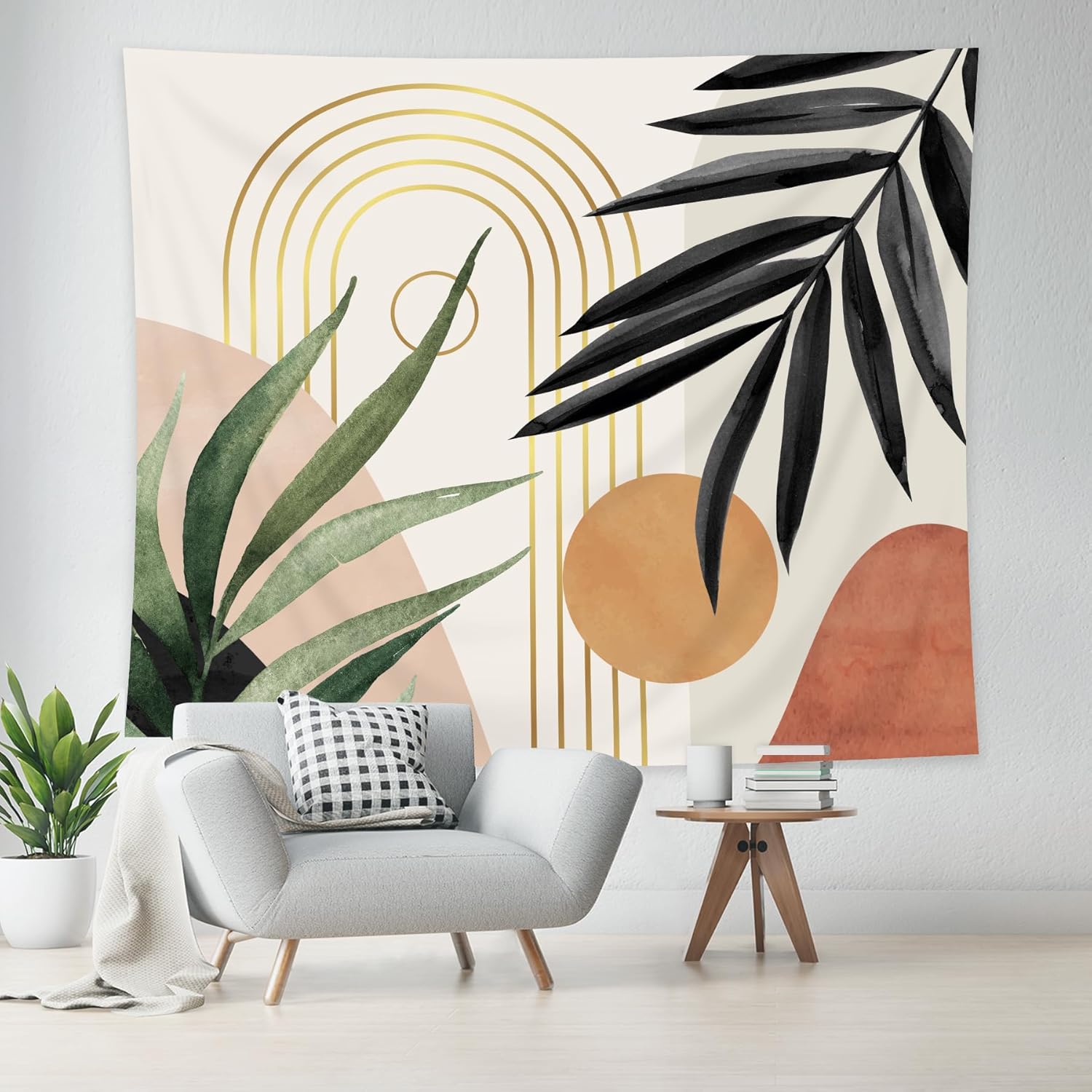 Tapestries - KOMLLEX Mid Century Abstract Tapestry 59Wx51H Boho Tropical Leaves Watercolor Arch Geometric Minimalist Simple Plant Botanical Nature Wall Hanging Aesthetic Home Decor Art for Living Room Bedroom Dorm