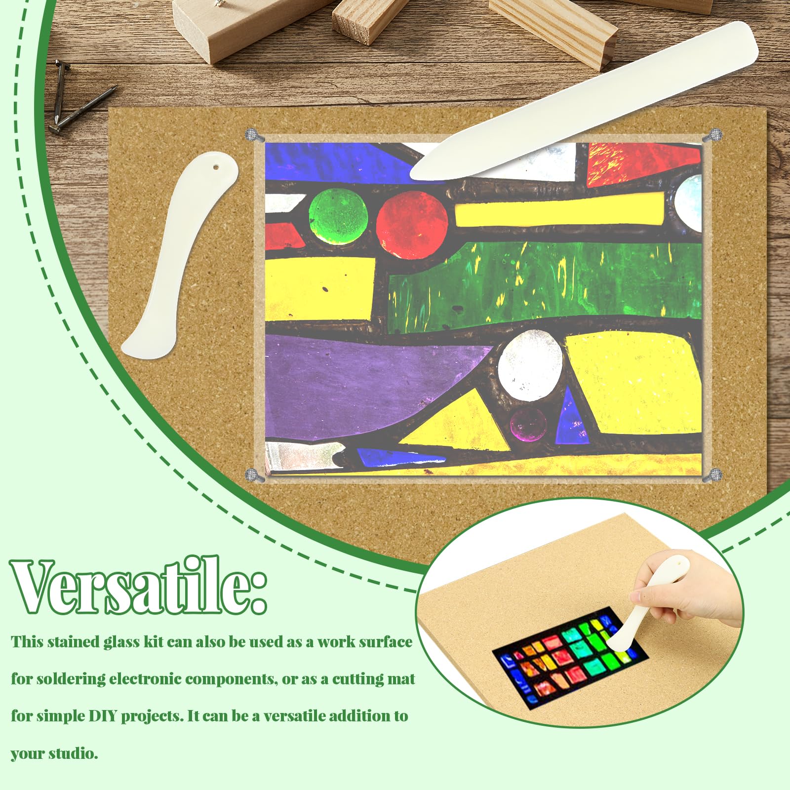 DLOnline Stained Glass Supplies - Heat Resistant Work Surface with Cutting Mat, 2 Burnishers, Tools & Kit for Table & Countertop Protection, 12 in