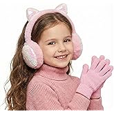 W&LESVAGO Kids Cat Ear Earmuffs with Matching Gloves, Winter Plush Ear Warmers and Sequin Headband Set for Girls