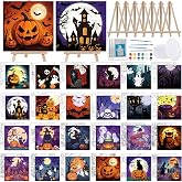 Tenceur 216 Pcs 24 Set Halloween Pre Drawn Canvas Painting Kit, 6 x 6 Inch | Halloween Sip and Paint Kit with Paints Easels Aprons Brushes Pre Printed Painting Favor for Birthday Party Date Night