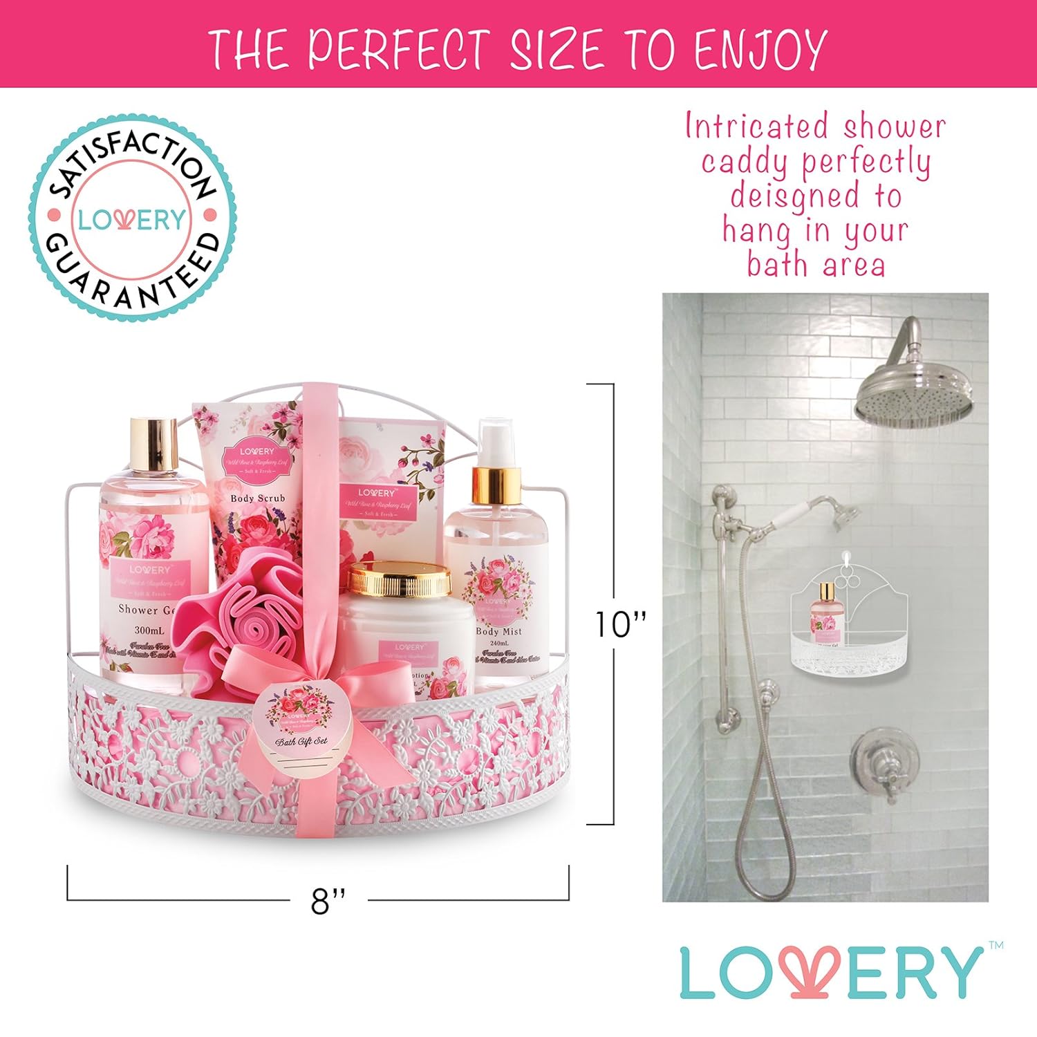 Home Spa Gift Basket - Wild Rose & Raspberry Leaf Scent - Luxurious 7 Piece Bath & Body Set For Men/Women, Contains Shower Gel, Body Lotion, Body Scrub, Bath Salt, Body Mist, Bath Puff & Shower Caddy : Beauty