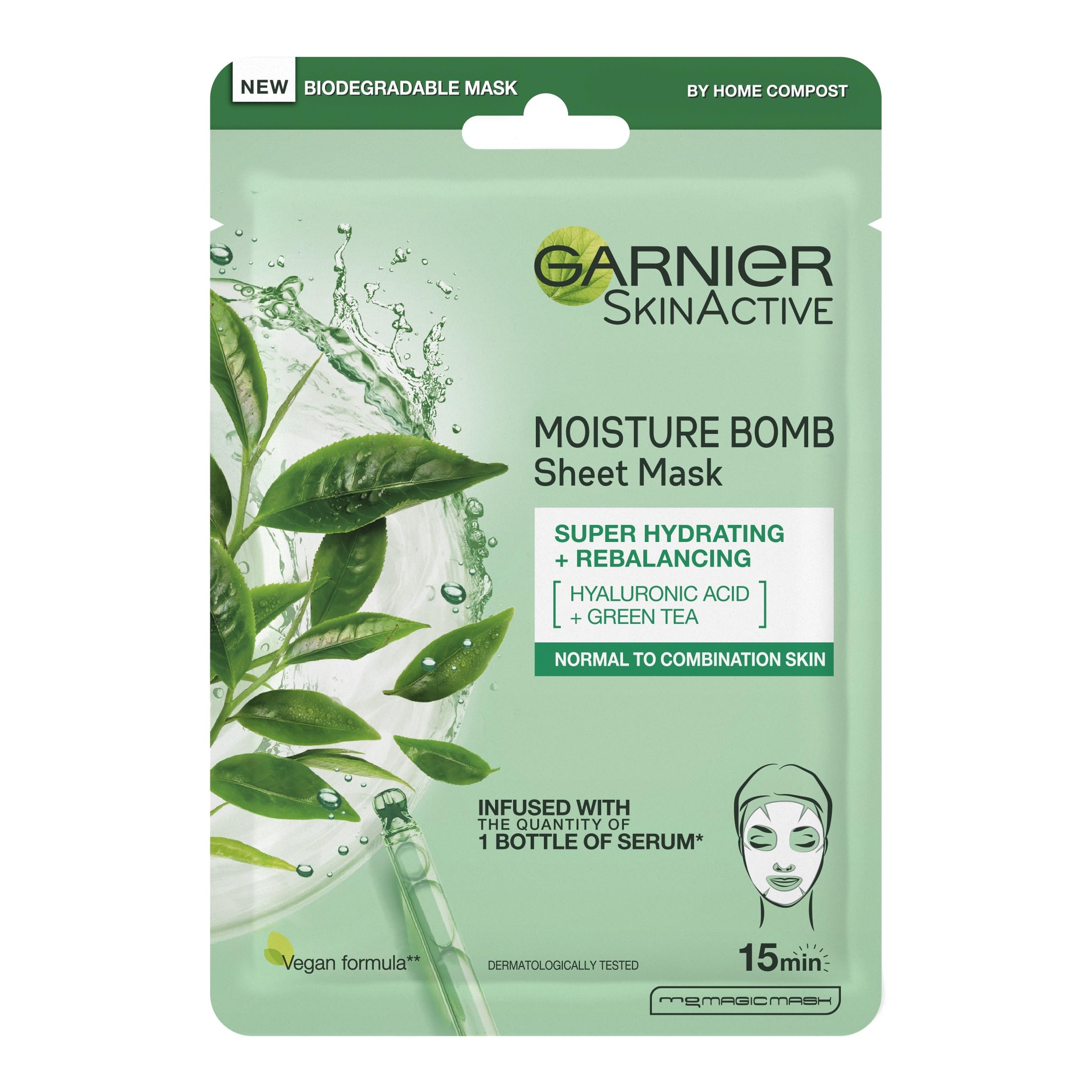 Garnier Moisture Bomb Green Tea and Hyaluronic Acid Sheet Mask, Hydrating & Rebalancing Face Mask, For Sensitive Skin, Cruelty Free & Vegan Tissue Mask, 28g