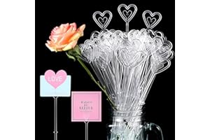 Nitial 100 Pcs Plastic Heart Shape Floral Picks Card Holders for Wedding Bouquet Birthday Party Decorations 9.4 Inch