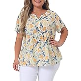 Agnes Orinda Plus Size Women's Summer Tops Floral Half Placket Short Sleeve Casual Blouses
