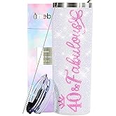 Onebttl 40th Birthday Gifts Women, 40 and Fabulous, Bling Cups Rhinestones Tumbler, Glitter Water Bottle with Lid and Straw Brush