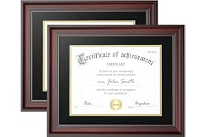 Yaetm 11x14 Diploma Frame, Certificate Frame with Tempered Glass, Display 8.5x11 Document with Black Over Gold Acid-free Mat or 11 x 14 without Mat, Wide Molding (2 Pack, Mahogany)