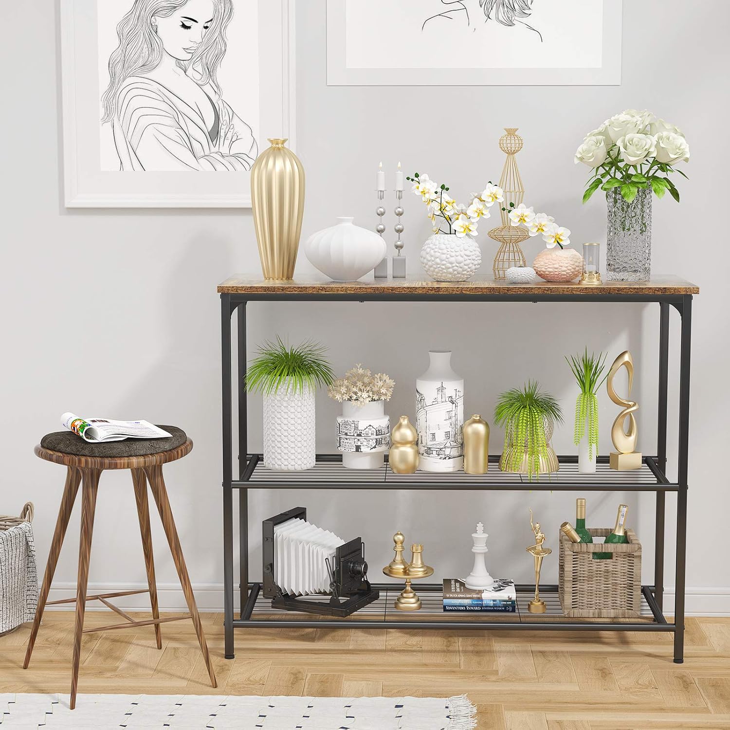 Ecoprsio Sofa Table Console Table with Double Mesh Shelves, Industrial Entryway Table Foyer Table for Entryway, Front Hall, Hallway, Sofa, Couch, Living Room, Coffee Bar, Kitchen, Rustic: Kitchen & Dining