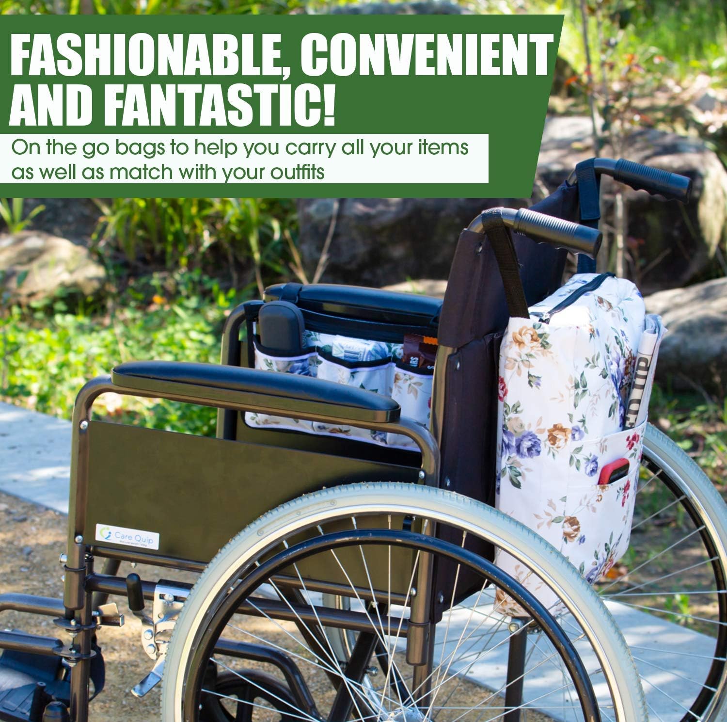 Two Bags Wheelchair Accessories by Astrata - Backpack Storage and Armrest Side Organizer - Lightweight Wheelchair Rollator Walker Bag - Organizers and Storage Travel Items (Floral): Health & Personal Care