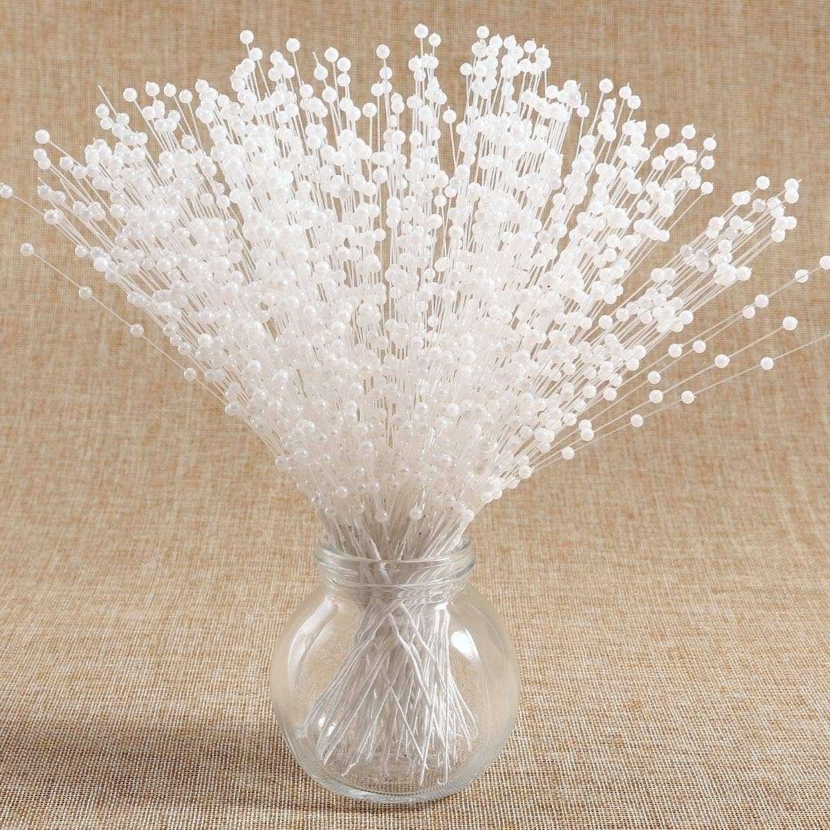 100 Stems Artificial Fake Pearl Spray Beads Wire Stems Wedding Bridal Flower Bouquet Party Table Decor (White)