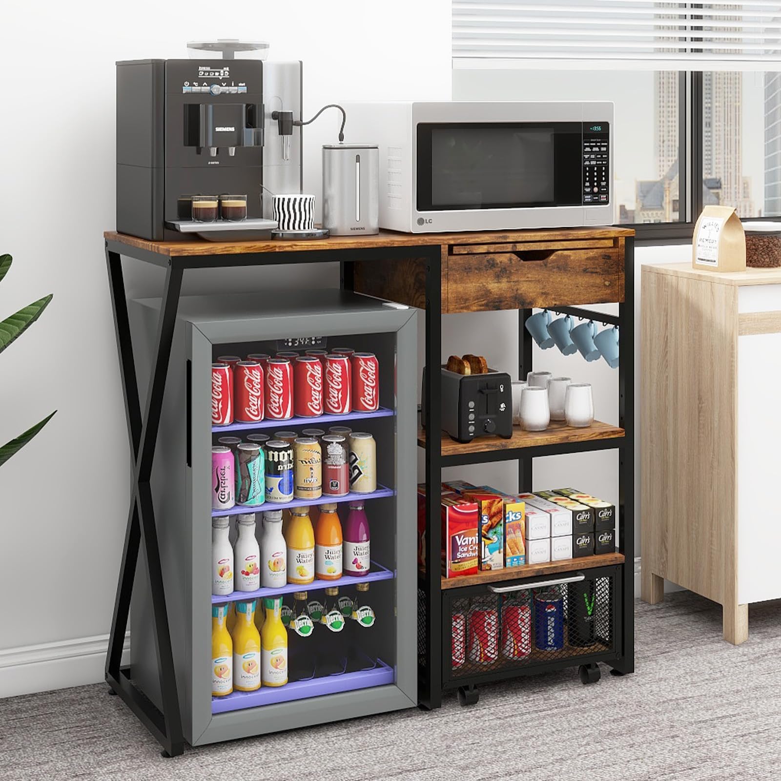 PUNCIA Coffee Bar Cabinet with Mini Fridge Space Beverage Wine Fridge ...