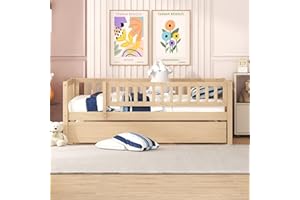 Harper & Bright Designs Twin Daybed with Trundle, Wood Twin Floor Bed Frame with Fence Rails,Montessori Twin Bed for Kids Girls Boys Bedroom,Guest Room,Living Room,No Box Spring Needed,Natural