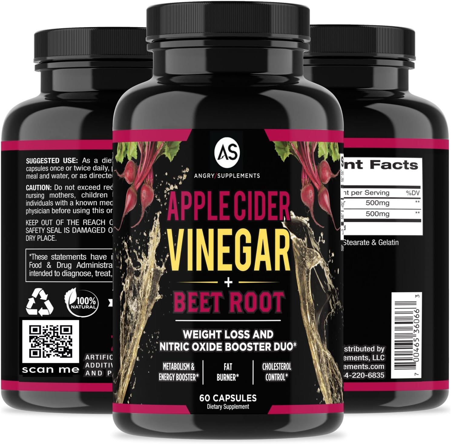 Apple Cider Vinegar + Beetroot and Turmeric & Ginger Capsules (2-Pack Bundle) by Angry Supplements, All-Natural Weight Loss Detox Remedy, Nitric Oxide Booster, Boost Metabolism + Energy (120 Count): Health & Personal Care