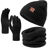 OZERO 3 Pcs Winter Hat Scarf Gloves Set for Women Men: Touchscreen Gloves Knit Beanie Neck Warmer Set Warm Polar Fleece Lined