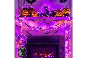 Brightown Battery Operated Halloween Lights Outdoor, 10FT 120 LED Orange and Purple Halloween Cluster Lights with Timer, 8 Modes Waterproof Twinkle Fairy String Lights for Indoor Halloween Decorations