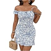 WDIRARA Women's Plus Size Floral Off The Shoulder Mini Dress Tie Front Ruffle Trim Boho Bodycon Dresses