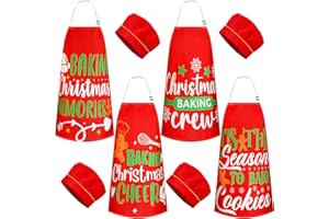 Hoolerry 4 Set Christmas Kids Apron and Chef Hat Boys Girls Red Aprons Hats Snowman Deer Elf Santa Apron for Kitchen Baking Cooking Kitchen Painting Wear(Cute)