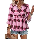 Unixseque 3/4 Length Sleeve Womens Tops Dressy Casual Lace V-Neck Peplum Babydoll Blouses 2025 Fashion Clothing