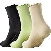 Ceoon 3 Pairs Pilates Socks with Grips Non-slip Ruffle Yoga Sock Grip Sock for Women