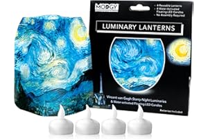 MODGY Luminary Lanterns Candle Holder Decorative Indoor Outdoor, for Wedding Centerpiece Decoration Outside Patio, with Flameless Floating LED Candles Vincent Van Gogh Starry Night, Pack of 4