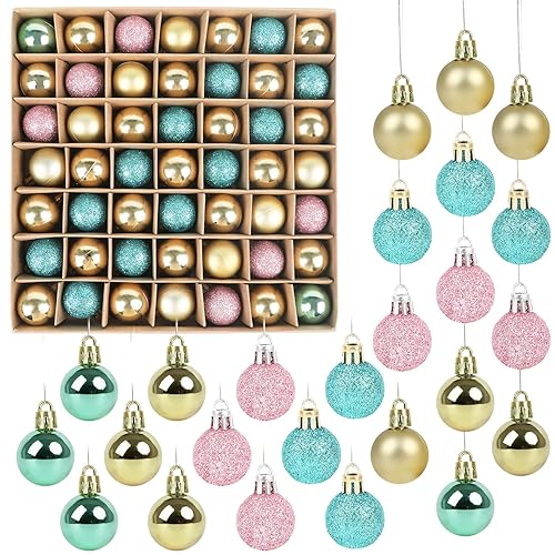 SULOLI Mini Christmas Tree Baubles,49PCS Mini Shatterproof Decorative Hanging Ornaments Balls Christmas Tree Decor(Green&Pink&Gold)