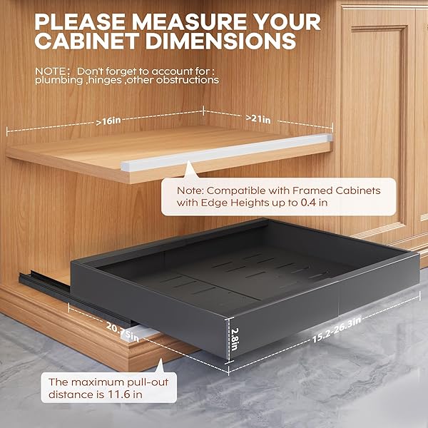 SEINLOES 4 PACK EXPANDABLE WIDTH (15.15″-26.3″) PULL OUT CABINET ORGANIZER 21″ DEEP WITH RAISING PAD FOR FRAMED CABINETS, UPGRADE 3 SLIDE RAILS SLIDE OUT DRAWERS, ROLL OUT SHELVES ADHESIVE, BLACK