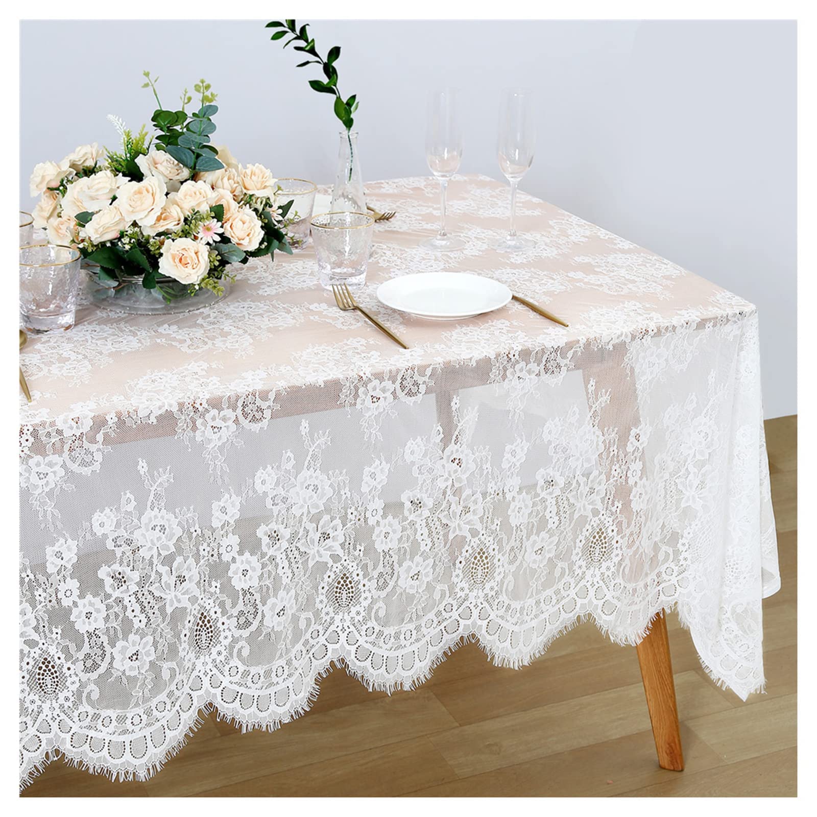 Fanqisi 5 Pieces White Lace Tablecloth 60x120 Inches Classic Wedding Lace Tablecloths Overlay Party Table Cover for Bridal Shower Reception Table Decoration Image